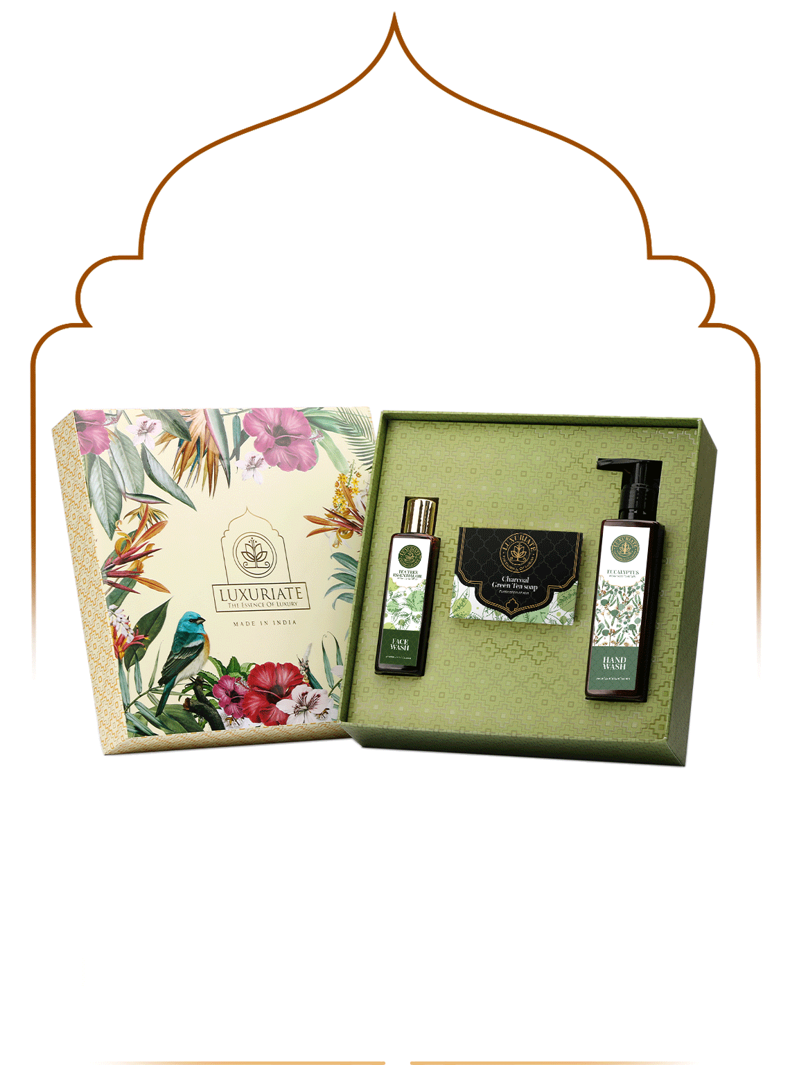 Gift Set - Charcoal Green Tea Soap, Tea Tree Face Wash, and Eucalyptus Hand Wash - LUXURIATE