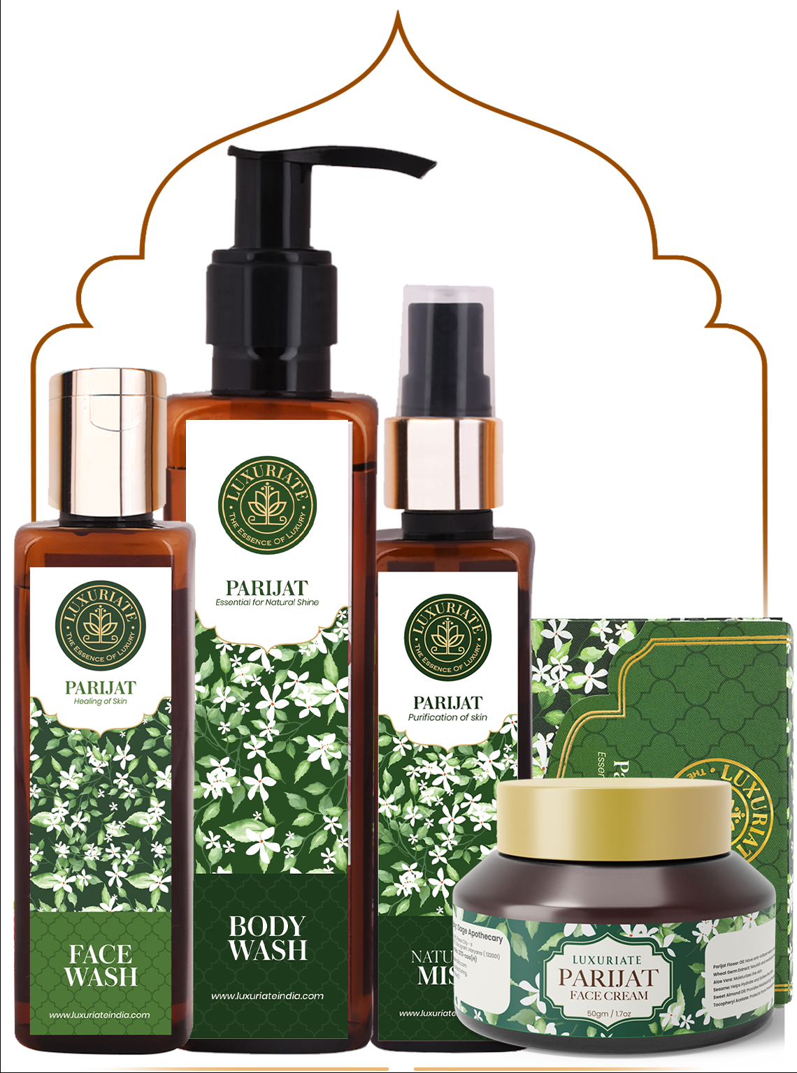 Parijat Complete Face & Body Care Kit (Pack of 5) Soap, Face Mist, Body Wash, Cream, Face Wash - LUXURIATE