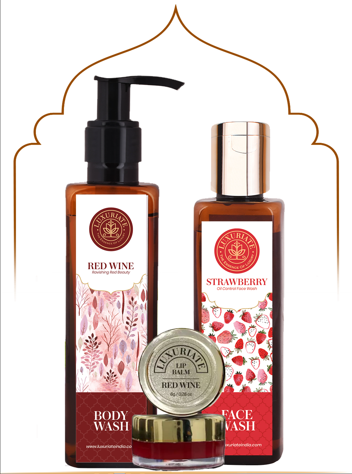 Red Wine Skin & Bath Combo (Pack of 3) Face Wash, Body Wash, Lip Balm - LUXURIATE